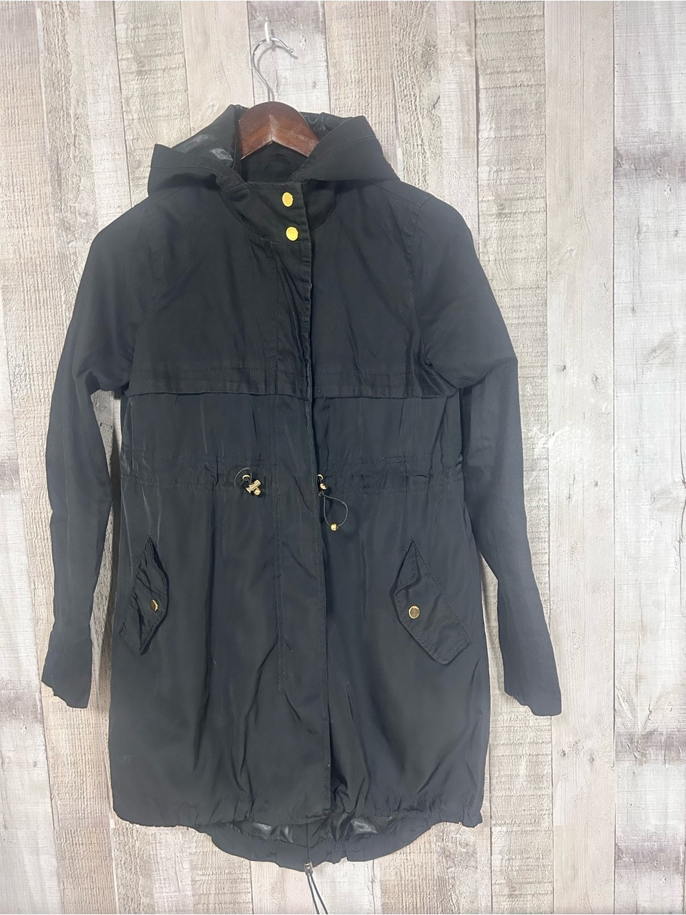 ONLY Blue Behaviour Black Hooded Rain Jacket XS Gold Hardware Drawstring Waist